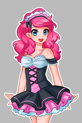 Size: 700x1041 | Tagged: dead source, safe, artist:racoonsan, pinkie pie, human, adorasexy, bare shoulders, cleavage, clothes, cute, diapinkes, dress, female, gray background, humanized, maid, maid headdress, open mouth, sexy, simple background, smiling, solo