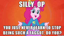 Size: 610x343 | Tagged: safe, pinkie pie, equestria girls, equestria girls (movie), helping twilight win the crown, image macro, meme, op, op is a faggot, pinkie's catface, reaction image, shrug, vulgar