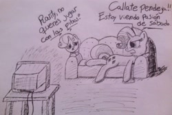 Size: 2560x1723 | Tagged: safe, artist:appleponi, rarity, sweetie belle, pony, unicorn, argentina, sofa bed, television, traditional art, watching, yelling