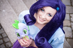 Size: 640x425 | Tagged: safe, artist:rozenmay, rarity, spike, human, clothes, cosplay, costume, equestria girls outfit, irl, irl human, photo, plushie