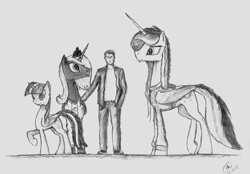 Size: 6590x4579 | Tagged: safe, artist:radiatingcalm, princess celestia, princess luna, twilight sparkle, twilight sparkle (alicorn), alicorn, human, pony, absurd resolution, clothes, female, gray background, grayscale, hoodie, human male, male, mare, monochrome, pencil drawing, raised hoof, simple background, size comparison, traditional art