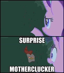 Size: 1298x1467 | Tagged: safe, edit, edited screencap, screencap, starlight glimmer, cockatrice, pony, unicorn, student counsel, caption, comic, exploitable meme, image macro, meme, needs more jpeg, screencap comic, surprise motherfucker, text, this will end in petrification