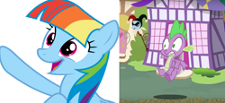 Size: 1366x626 | Tagged: safe, derpibooru import, rainbow dash, spike, dragon, pegasus, pony, the lost treasure of griffonstone, alternate hairstyle, double rainboom, exploitable meme, manebow sparkle, meme