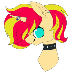 Size: 750x750 | Tagged: safe, artist:princess-of-the-nigh, sunset shimmer, pony, unicorn, alternate hairstyle, bust, choker, commission, ear fluff, ear piercing, earring, eyeshadow, female, horn ring, icey-verse, jewelry, makeup, mare, piercing, ring, simple background, solo, spiked choker, transparent background, wedding ring