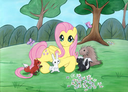 Size: 1657x1200 | Tagged: safe, artist:talisx, angel bunny, fluttershy, pegasus, pony, skunk, animal, female, field, grass field, mare, solo