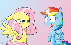 Size: 1024x652 | Tagged: safe, artist:khaotixdreamfd, derpibooru import, fluttershy, rainbow dash, pegasus, pony, female, flutterdash, gradient background, lesbian, looking at each other, mare, shipping, wings