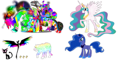 Size: 2200x1085 | Tagged: safe, artist:selenaede, artist:story-story, artist:twiily-bases, princess celestia, princess luna, oc, oc:pink death, oc:raindoom, alicorn, big cat, cat, duck, leopard, phoenix, pony, alicorn oc, duckling, ethereal mane, female, joke oc, mare, simple background, starry mane, transparent background