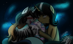 Size: 2000x1200 | Tagged: safe, artist:scarlett-letter, princess celestia, oc, oc:satiric write, oc:scarlett letter, alicorn, pony, unicorn, alicorn oc, blushing, body pillow, celestia's pillow, female, green eyes, happy, kill me, male, night, oc x oc, pillow, princess, shipping, stars, straight