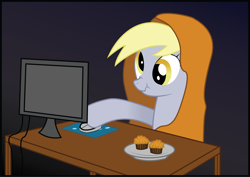 Size: 4656x3294 | Tagged: safe, artist:swivel-zimber, derpy hooves, pegasus, pony, blanket, computer, food, high res, muffin, scrunchy face, solo