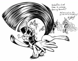 Size: 1280x1004 | Tagged: safe, artist:1trick, artist:buckitponydoodles, princess celestia, princess luna, twilight sparkle, twilight sparkle (alicorn), alicorn, pony, black and white, dancing, do the sparkle, drunk twilight, eyes closed, female, grayscale, long tail, mare, monochrome, nose wrinkle, raised hoof, raised leg, scrunchy face, simple background, white background