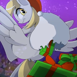 Size: 768x768 | Tagged: safe, artist:erufi, derpy hooves, pegasus, pony, bag, christmas, female, hat, holiday, looking at you, looking back, looking back at you, mare, present, santa hat