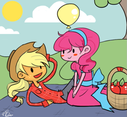 Size: 549x506 | Tagged: safe, artist:drjekyllmrhyde, applejack, pinkie pie, human, adventure time, balloon, humanized, picnic, style emulation