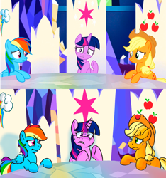 Size: 1024x1092 | Tagged: safe, artist:mandy1412, derpibooru import, applejack, rainbow dash, twilight sparkle, twilight sparkle (alicorn), alicorn, earth pony, pegasus, pony, party pooped, applejack's hat, comparison, cowboy hat, cutie map, cutie mark, female, friendship throne, hat, mare, scene interpretation, sitting, sweat, sweatdrop, worried