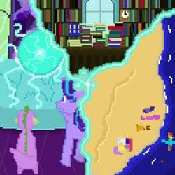 Size: 1024x1024 | Tagged: safe, artist:axxuy, applejack, fluttershy, pinkie pie, rainbow dash, rarity, spike, starlight glimmer, twilight sparkle, dragon, earth pony, pegasus, pony, unicorn, beach, book, cover art, cutie map, magic, mane six, office, pixel art