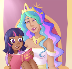 Size: 800x761 | Tagged: safe, artist:emberfan11, princess celestia, twilight sparkle, human, alternate hairstyle, book, child, crown, dark skin, female, humanized, jewelry, lipstick, momlestia, open mouth, regalia, younger