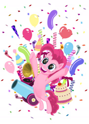 Size: 1364x1888 | Tagged: safe, artist:dannylim86, pinkie pie, earth pony, pony, balloon, bipedal, cake, confetti, food, open mouth, party cannon, party horn, phonograph, simple background, solo, starry eyes, white background, wingding eyes