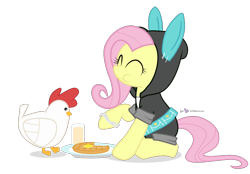 Size: 1080x750 | Tagged: safe, artist:dm29, fluttershy, chicken, pegasus, pony, breakfast, bunny ears, chicken and waffles, clothes, costume, cute, dangerous mission outfit, duo, eyes closed, female, hoodie, juice, mare, simple background, sitting, smiling, transparent background, waffle