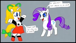 Size: 1024x576 | Tagged: safe, artist:zelgi, rarity, oc, pony, unicorn, clothes, cosplay, costume, megaman, roll, text