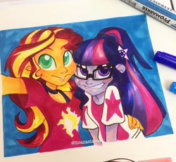 Size: 1080x998 | Tagged: safe, artist:antych, sci-twi, sunset shimmer, twilight sparkle, better together, equestria girls, spring breakdown, cute, duo, female, lesbian, ponytail, scitwishimmer, shimmerbetes, shipping, sunsetsparkle, traditional art, twiabetes