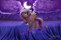 Size: 2173x1434 | Tagged: safe, artist:applepoker, fluttershy, pegasus, pony, moon, night, raised hoof, reflection, solo, water