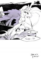 Size: 1280x1807 | Tagged: safe, artist:kuzumori, princess celestia, princess luna, tantabus, alicorn, pony, monochrome