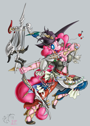 Size: 1200x1680 | Tagged: safe, artist:melancholy, pinkie pie, anthro, plantigrade anthro, archery, arrow, bard, bow (weapon), bow and arrow, clothes, crossover, final fantasy, final fantasy xiv, simple background, solo