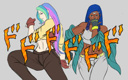 Size: 1440x900 | Tagged: safe, artist:eve-ashgrove, princess celestia, princess luna, human, abs, armpits, battle tendency, caesar zeppeli, dark skin, humanized, jojo pose, jojo's bizarre adventure, joseph joestar, muscles, princess muscle moona, simple background, sound effects