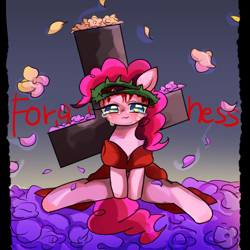 Size: 900x900 | Tagged: safe, artist:marihico, pinkie pie, earth pony, pony, blood, christianity, cross, crown of thorns, crucifix, crucifixion, crying, jesus christ, pony jesus, religious focus, religious headcanon, solo