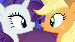 Size: 1920x1080 | Tagged: safe, screencap, applejack, rarity, earth pony, pony, unicorn, twilight's kingdom, eye contact, female, horn, looking at each other, mare, shipping fuel