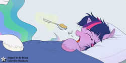 Size: 4500x2250 | Tagged: safe, artist:bri-sta, artist:wodahseht, princess celestia, twilight sparkle, alicorn, pony, caring for the sick, cute, feeding, female, filly, filly twilight sparkle, ice cream, magic, momlestia, sick, spoon, twiabetes, unshorn fetlocks