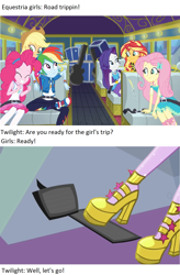 Size: 1280x1949 | Tagged: safe, edit, edited screencap, screencap, applejack, fluttershy, pinkie pie, rainbow dash, rarity, sci-twi, sunset shimmer, twilight sparkle, better together, dance magic, equestria girls, road trippin, clothes, converse, driving, geode of fauna, geode of shielding, geode of sugar bombs, geode of super speed, high heels, legs, magical geodes, pedal, pictures of legs, shoes, tour bus