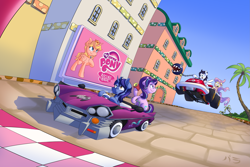 Size: 3543x2362 | Tagged: safe, artist:lordvaltasar, fluttershy, starlight glimmer, oc, alicorn, pegasus, pony, unicorn, building, car, chain chomp, commission, female, male, mare, mario kart, mario kart double dash, palm tree, peach beach, ponified, poster, princess peach, racing is magic, stallion, super horn, super mario bros., tree