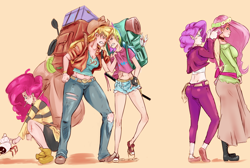 Size: 2500x1682 | Tagged: safe, artist:sundown, derpibooru import, edit, applejack, fluttershy, pinkie pie, rainbow dash, rarity, crab, human, angry, backpack, belly button, blushing, choker, clothes, converse, dress, glare, gritted teeth, horned humanization, humanized, midriff, op is a cuck, op is trying to start shit, shorts, skinny, smiling, sword, torn clothes, weapon, winged humanization