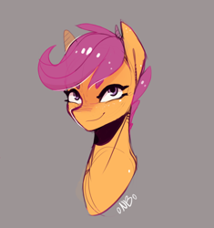 Size: 1084x1154 | Tagged: safe, artist:novabytes, scootaloo, bust, looking at you, signature, simple background, smiling, solo