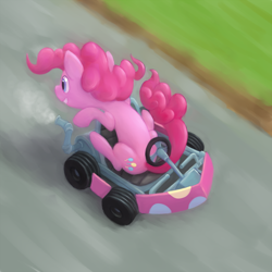 Size: 1000x1000 | Tagged: safe, artist:bistromatic, pinkie pie, earth pony, pony, female, go kart, go-kart, kart, mare, pinkie being pinkie, silly, silly pony, solo, this will end in pain, what could possibly go wrong