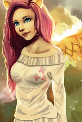 Size: 2000x3000 | Tagged: safe, artist:andreanable, fluttershy, equestria girls, clothes, eared humanization, humanized, ponied up, solo, sweatershy, winged humanization