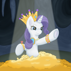 Size: 1000x1000 | Tagged: safe, artist:redquoz, rarity, pony, unicorn, bracelet, crown, gold, hoard, necklace, solo