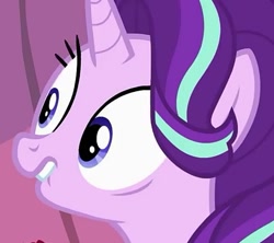 Size: 587x521 | Tagged: safe, screencap, starlight glimmer, pony, unicorn, rock solid friendship, bust, cropped, female, lip bite, solo, worried