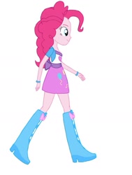 Size: 777x1027 | Tagged: artist needed, safe, pinkie pie, equestria girls, balloon, boots, bracelet, clothes, high heel boots, jewelry, simple background, skirt, smiling, solo, walking