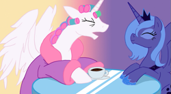 Size: 627x347 | Tagged: artist needed, safe, princess celestia, princess luna, alicorn, pony, artifact, bathrobe, clothes, coffee, cute, eyes closed, hair curlers, morning ponies, robe, s1 luna, woona, younger