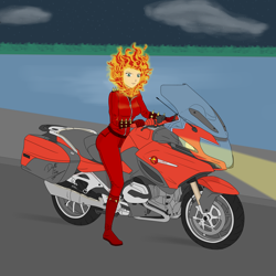 Size: 2000x2000 | Tagged: safe, artist:deltalima, sunset shimmer, commission, crossover, fiery shimmer, fire hair, ghost rider, looking at you, motorcycle