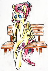 Size: 1616x2376 | Tagged: safe, artist:bibmob, fluttershy, pegasus, pony, alternate hairstyle, bench, ice cream, sitting, solo