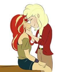 Size: 1080x1153 | Tagged: safe, artist:horsegirlpodcast, applejack, sunset shimmer, equestria girls, appleshimmer, blushing, clothes, dress, female, height difference, jacket, lesbian, pants, shipping, simple background, snuggling, white background