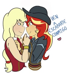 Size: 756x861 | Tagged: safe, artist:horsegirlpodcast, applejack, sunset shimmer, dance magic, equestria girls, spoiler:eqg specials, appleshimmer, black hat, blushing, bound, clothes, dress, female, hat, jacket, lasso, lesbian, looking at each other, rope, shipping, simple background, spanish, tied, translated in the description, white background