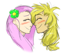 Size: 1600x1160 | Tagged: safe, artist:heeeeresizzy, applejack, fluttershy, human, appleshy, blushing, boop, eyes closed, female, flower, flower in hair, freckles, humanized, lesbian, noseboop, nuzzling, shipping, smiling