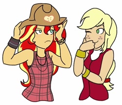 Size: 768x661 | Tagged: safe, artist:horsegirlpodcast, applejack, sunset shimmer, equestria girls, appleshimmer, blushing, clothes, dress, female, hat, lesbian, shipping, simple background, white background