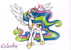 Size: 1024x721 | Tagged: safe, artist:nemuri-soulver, princess celestia, alicorn, pony, magic, simple background, solo, spread wings, traditional art