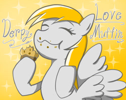 Size: 1024x819 | Tagged: safe, artist:garammasara, derpy hooves, pegasus, pony, eating, eyes closed, female, food, mare, muffin, simple background, solo
