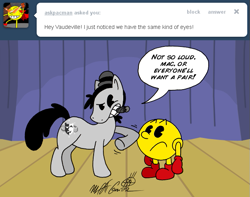 Size: 641x504 | Tagged: safe, artist:fractiouslemon, derpibooru import, oc, oc:vaudeville, ask, black and white cartoon, cigar, crossover, old timey, pac-man, pacman eyes, tumblr