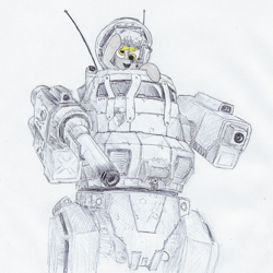 Size: 1024x1026 | Tagged: safe, artist:t72b, derpibooru exclusive, derpy hooves, battletech, crossover, helmet, machine, mech, mecha, mechwarrior, mechwarrior online, smiling, solo, traditional art, urbanmech, weapon